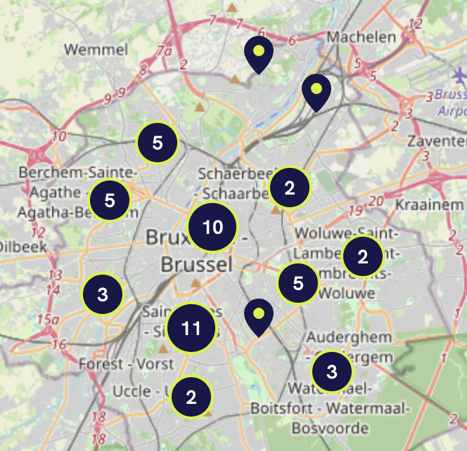 La carte publique des kinésithérapeutes Synkro, région de Bruxelles
